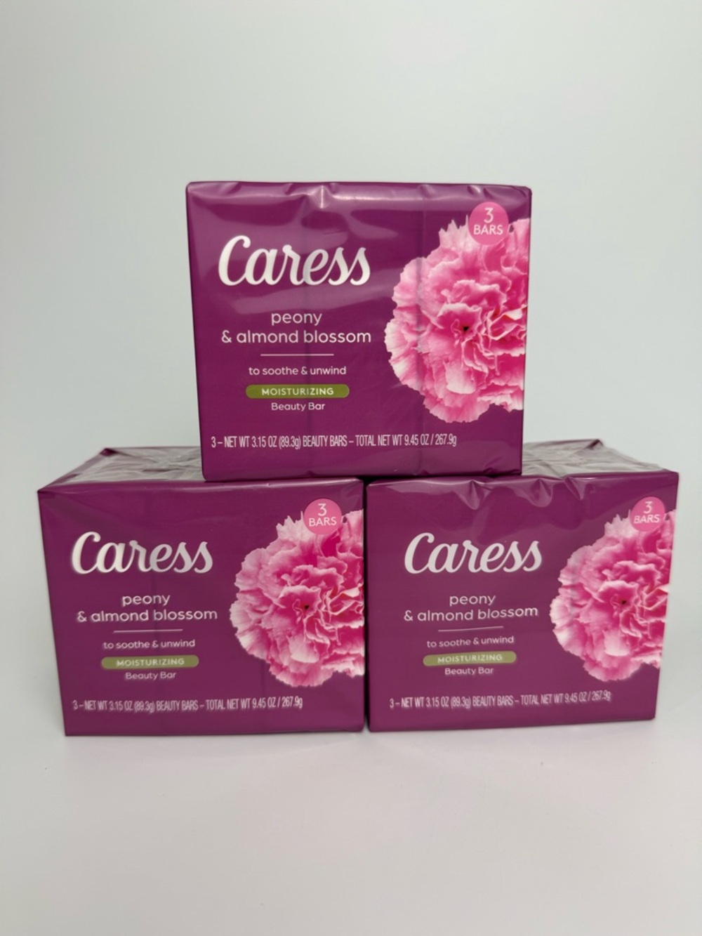 9x CARESS PEONY ALMOND BLOSSOM Bar Soap 3.15 OZ Each 3 Packs Of 3